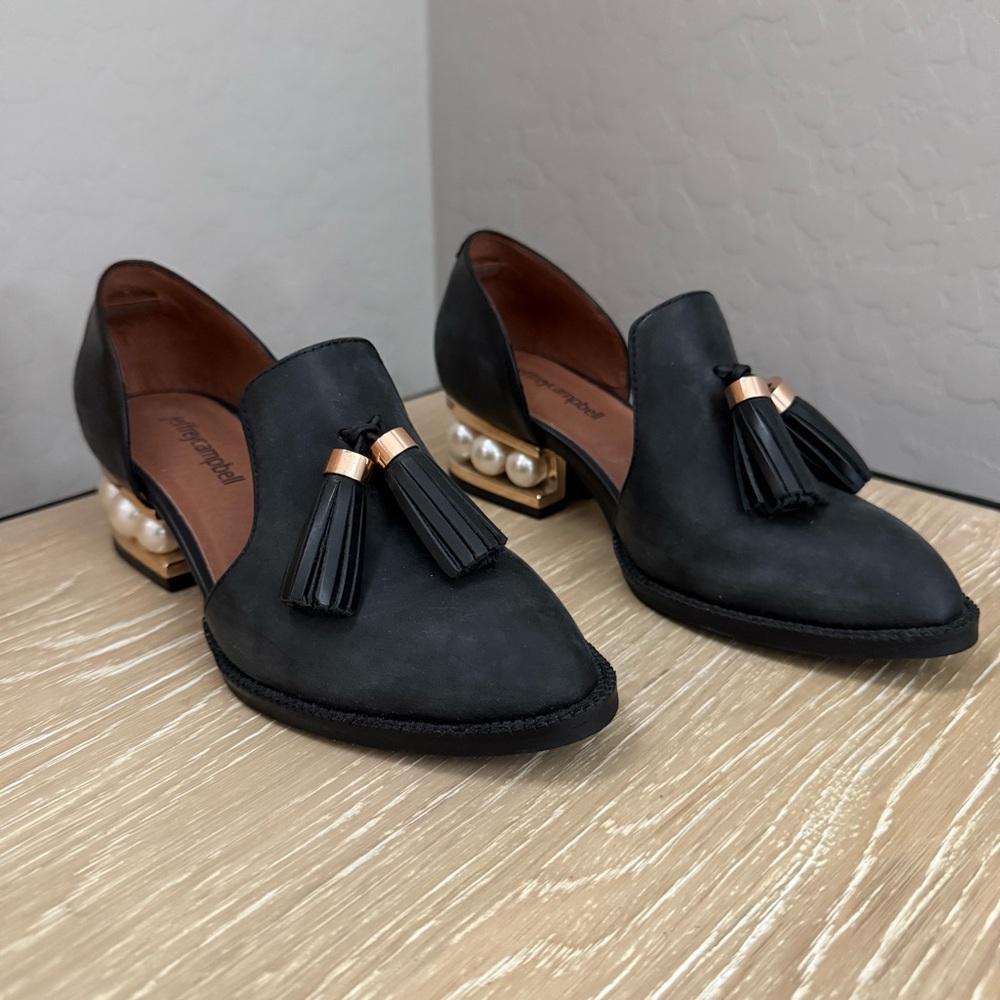 Jeffrey Campbell Black Loafers with Pearl Heel